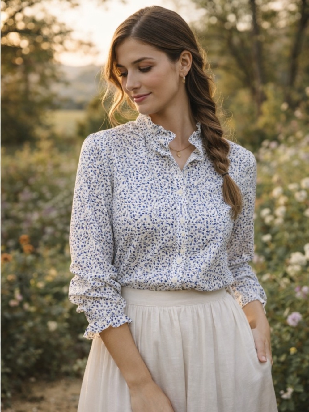J. Crew Blue Floral Ruffle Collar Button Down Blouse Cottagecore Feminine Top - Picture 2 of 8